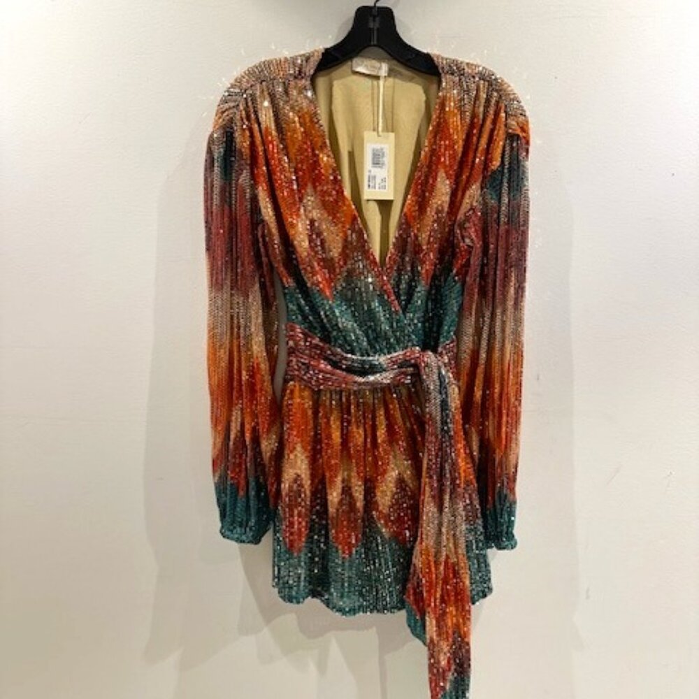 RAMY BROOK MICHAELA MULTI CHEVRON SEQUIN TIE FRONT LONG SLEEVE MINI DRESS SIZE M